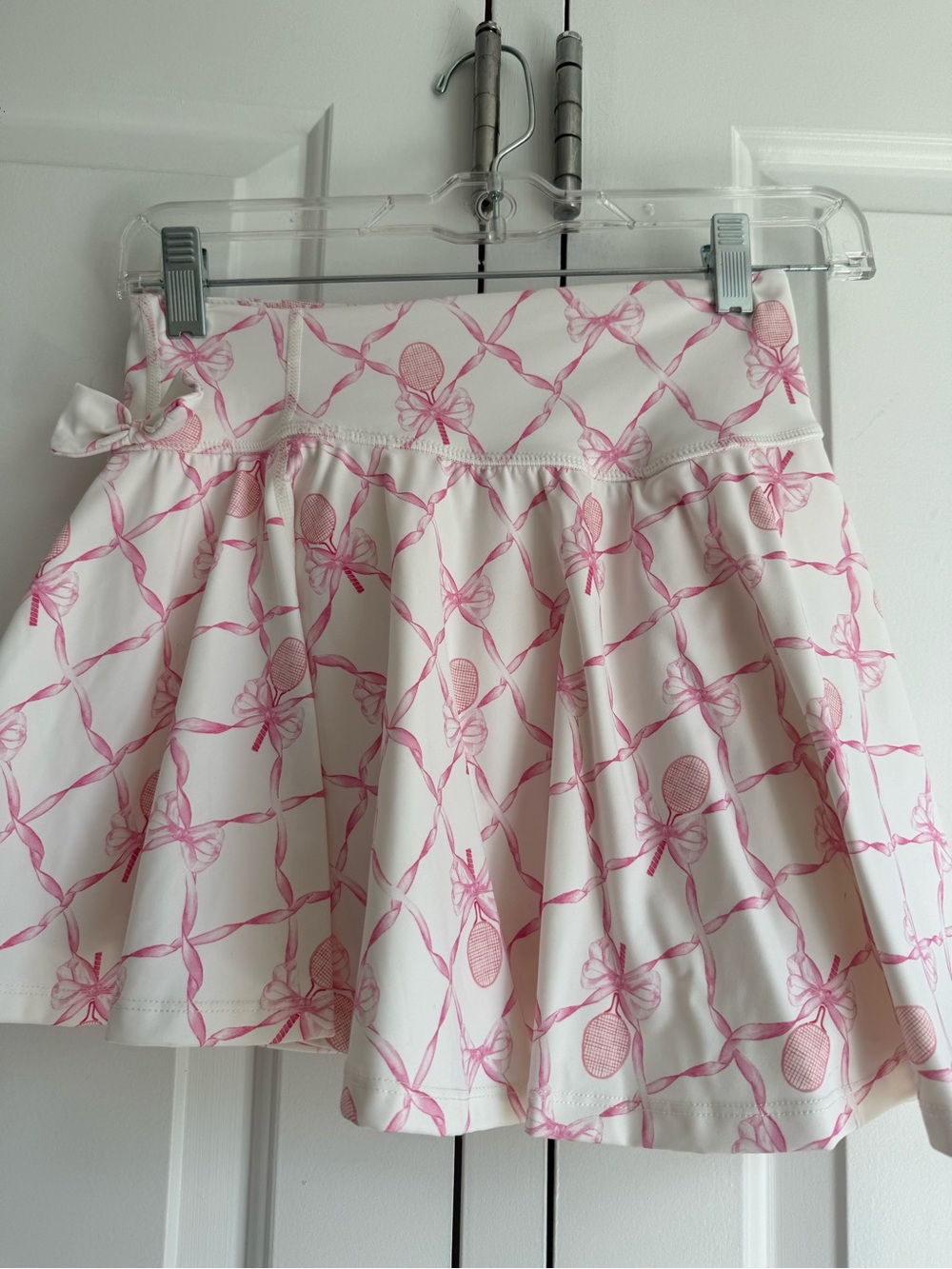LoveShackFancy White Tennis Skirt with Pink Tennis Racket & Ribbon Print